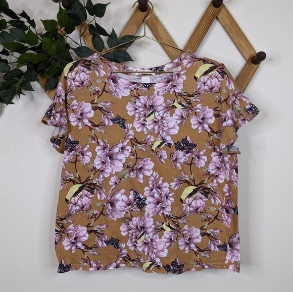 H&M Floral Bird Print Ruffle Sleeve T-Shirt Top - Picture 1 of 8